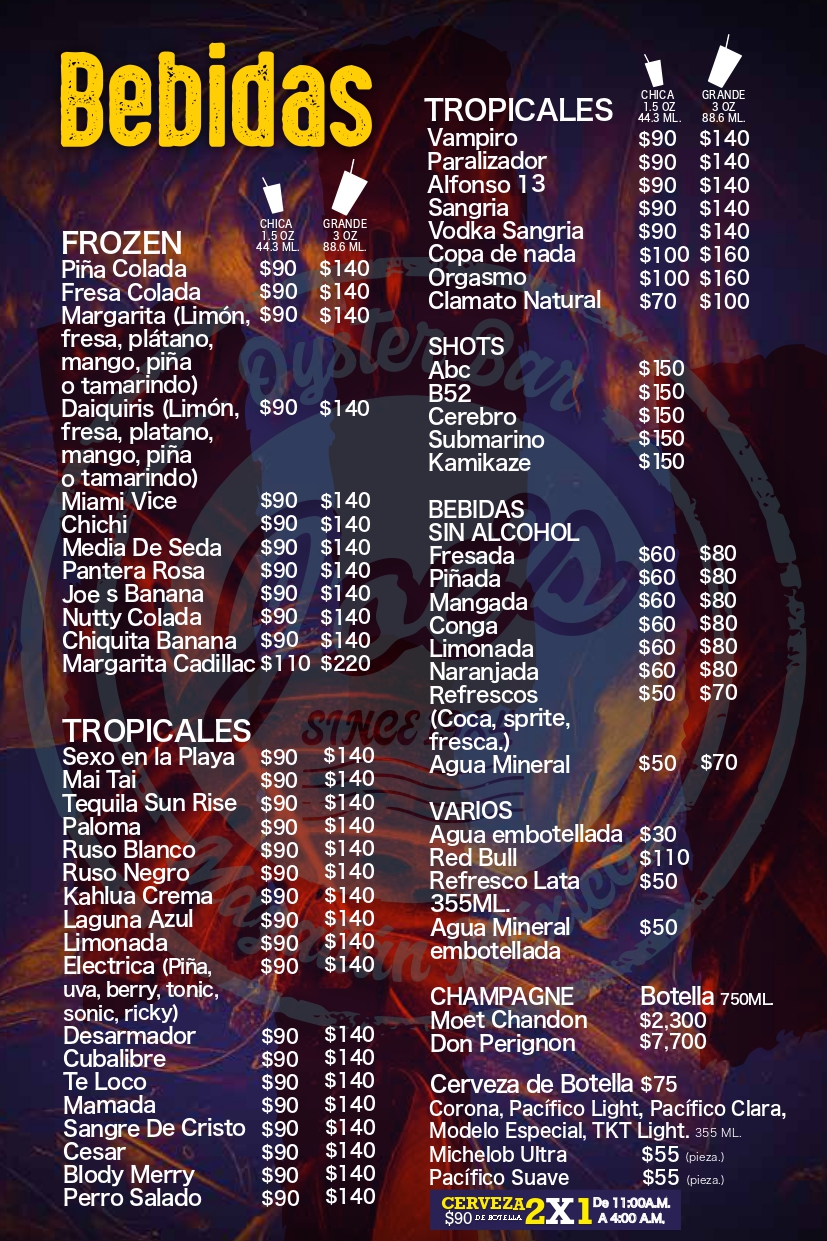 2023 drink menu at Joe's Oyster Bar